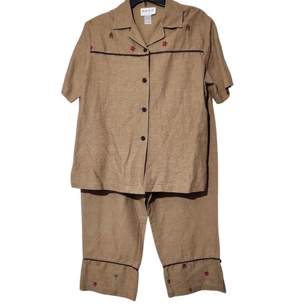 E.l.c.c Set Top And Pants Size Medium/Large Brown Embroidered Silk-Linen-Rayon
